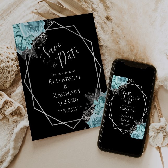 Aqua Silver Floral Geometric Black Save the Date (Creator Uploaded)