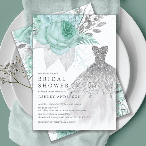 Aqua  Silver Floral Wedding Dress Bridal Shower Invitation