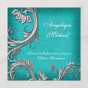 Aqua silver floral wedding engagement invitation