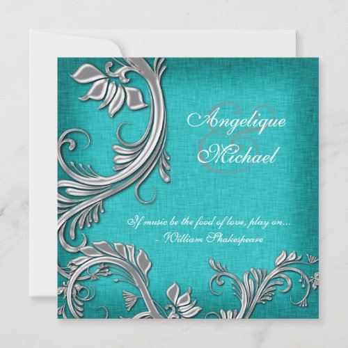 Aqua silver floral wedding engagement custom announcements