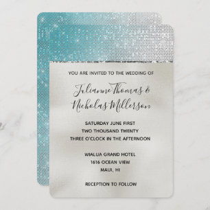 Aqua Silver Glam Glitz Pearl Wedding Invitation