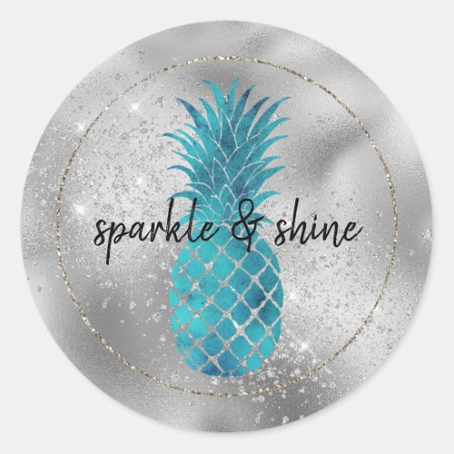 Aqua Silver Glam Glitz Pineapple Classic Round Sticker