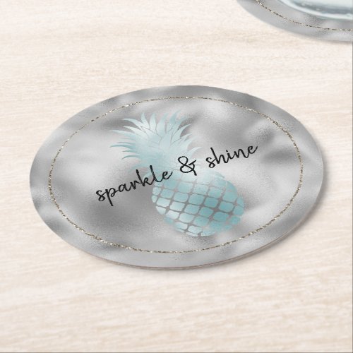 Aqua Silver Glam Glitz Pineapple Round Paper Coaster