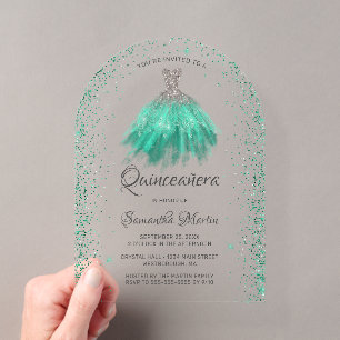 Aqua Silver Glitter Dress Quinceañera Party Acrylic Invitations
