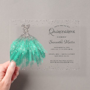 Aqua Silver Glitter Dress Script Quinceañera Party Acrylic Invitations
