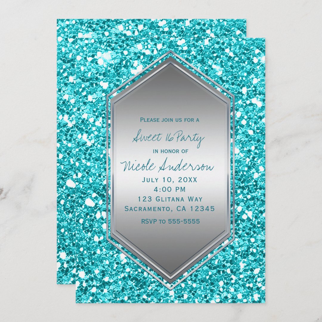 Aqua Silver Glitter Glam Birthday Party Any Event Invitation Zazzle