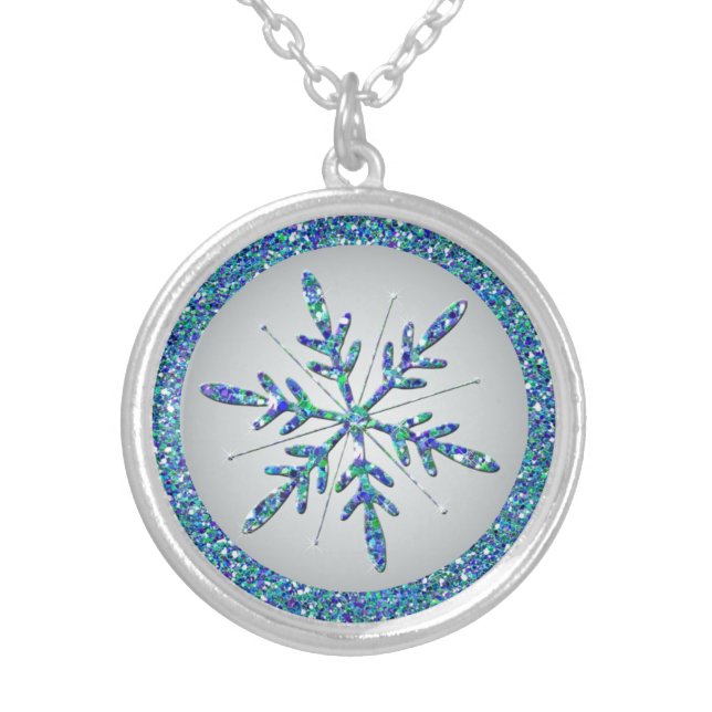 Aqua, Silver Glitter LOOK Snowflake Necklace (Front)