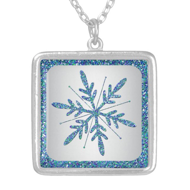 Aqua, Silver Glitter LOOK Snowflake Necklace (Front)
