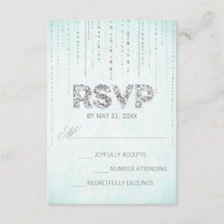 Aqua & Silver Glitter Look Wedding RSVP Card