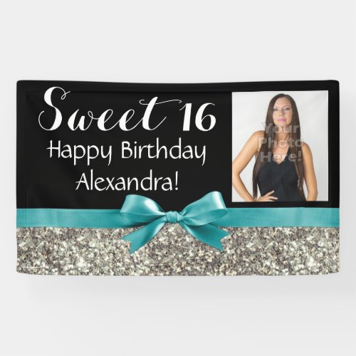 Aqua Silver Glitter Photo Sweet 16 Birthday Party Banner