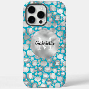 Aqua Silver Leopard Animal Print Monogram iPhone 16 Pro Max Case