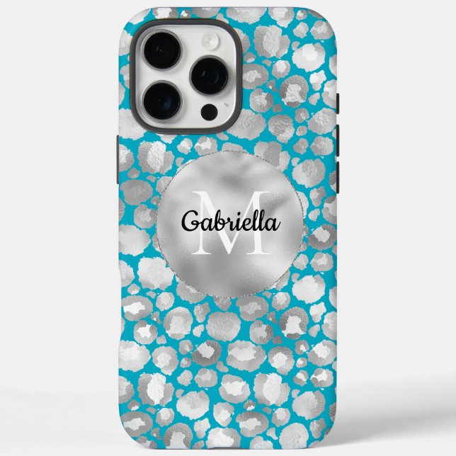 Aqua Silver Leopard Animal Print Monogram Case-Mate iPhone Case (Back)