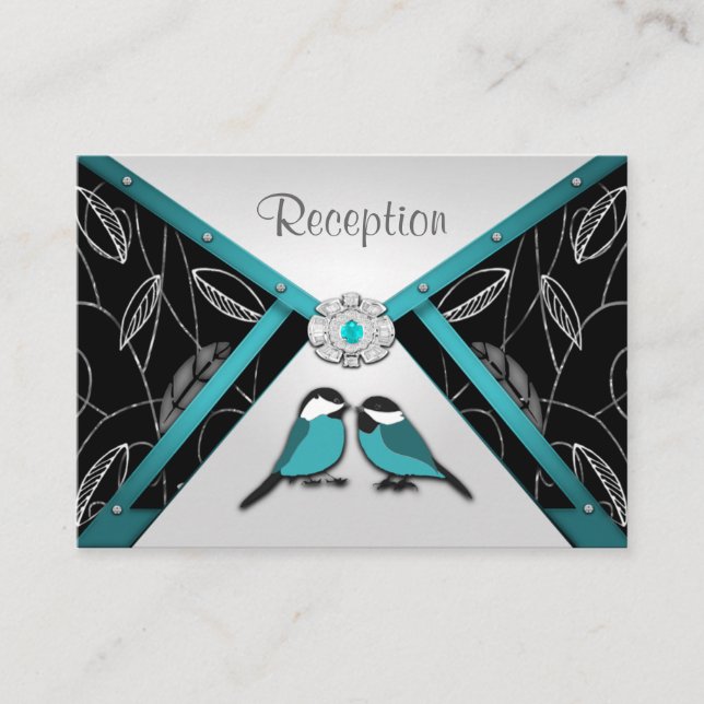 Aqua & Silver  Love Birds Wedding Reception Cards (Front)
