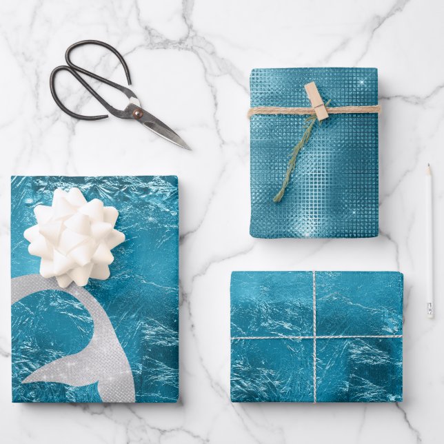 Aqua Silver Mermaid Wrapping Paper Sheets (Front)