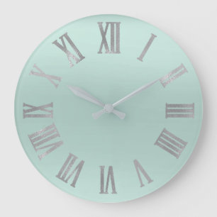Aqua Silver Minimal Metallic Roman Numers Large Clock