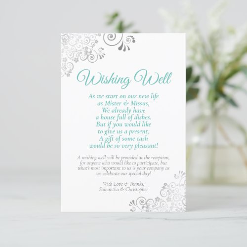 Aqua  Silver on White Wedding Wishing Well Poem Enclosure Card