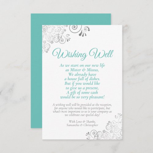 Aqua  Silver on White Wedding Wishing Well Poem Enclosure Card