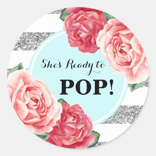 Aqua Silver Pink Floral Baby Shower Ready to Pop Classic Round Sticker