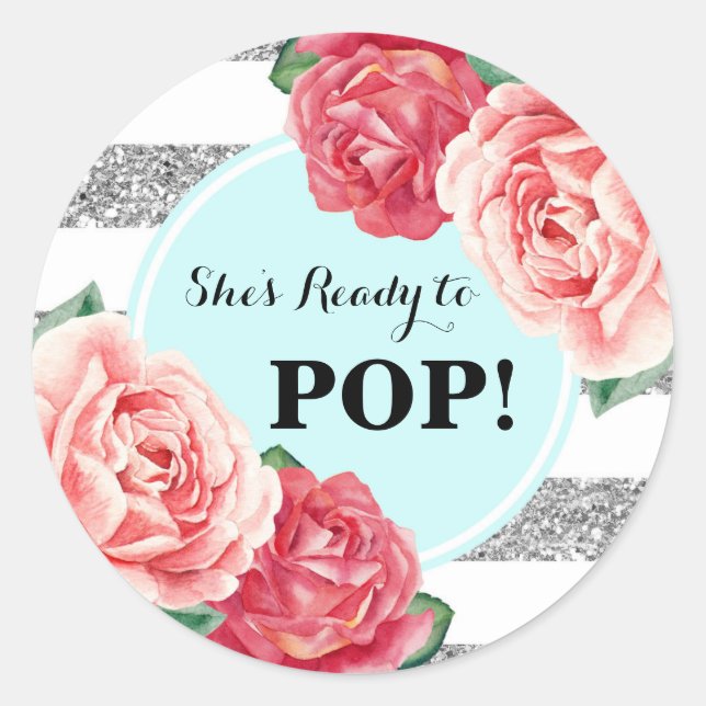 Aqua Silver Pink Floral Baby Shower Ready to Pop Classic Round Sticker (Front)