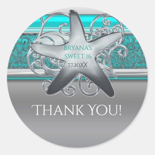 Aqua  Silver Starfish Beach Party Favor Classic Round Sticker