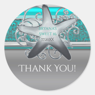 Aqua & Silver Starfish Beach Party Favor Classic Round Sticker