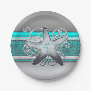 Aqua & Silver Starfish Beach Party Reception Paper Plates