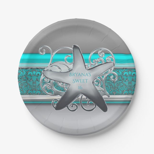 Aqua & Silver Starfish Beach Party Reception Paper Plates (Front)