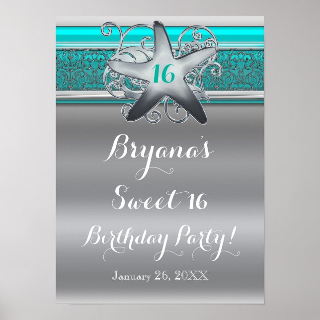 Aqua & Silver Starfish Beach Sweet 16 Banner Poster (Front)