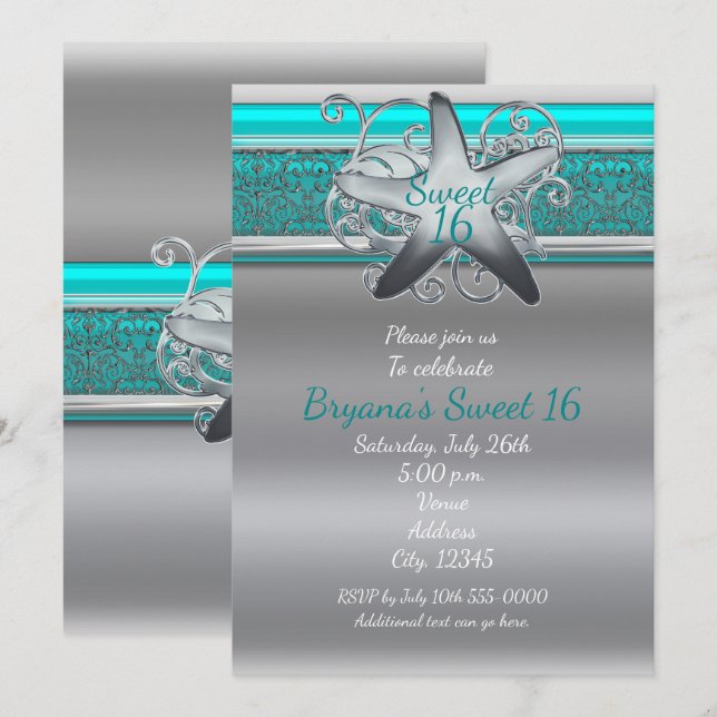 Aqua & Silver Starfish Beach Sweet 16 Invitations (Front/Back)