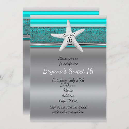 Aqua  Silver Starfish Beach Sweet 16 Invitations