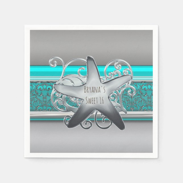 Aqua & Silver Starfish Elegant Beach Party Paper Napkins (Front)