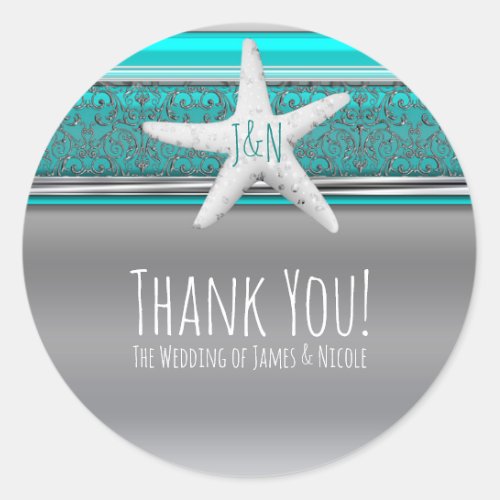 Aqua  Silver Starfish Elegant Beach Wedding Favor Classic Round Sticker