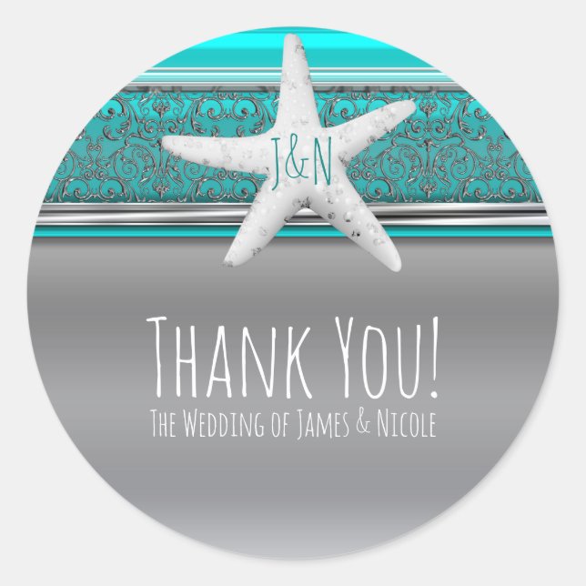 Aqua & Silver Starfish Elegant Beach Wedding Favor Classic Round Sticker (Front)