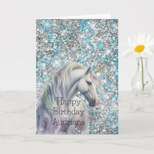 Aqua Silver Unicorn Glitter Sparkle Birthday Card