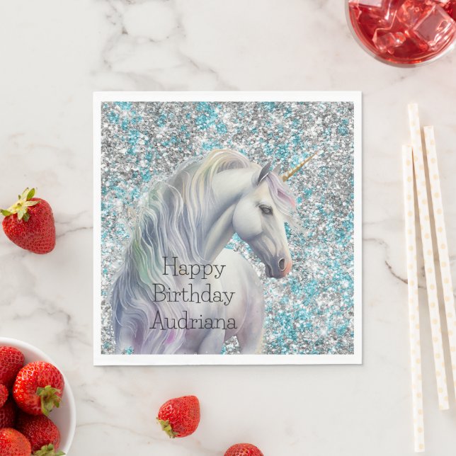 Aqua Silver Unicorn Glitter Sparkle Birthday Napkins (Insitu)