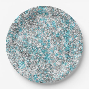 Aqua Silver Unicorn Glitter Sparkle Paper Plates