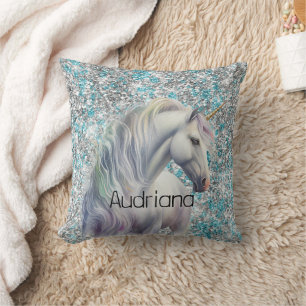 Aqua Silver Unicorn Glitter Sparkle Throw Pillow
