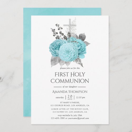 Aqua  Silver Vintage Shabby Roses Holy Communion Invitation