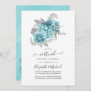 Aqua & Silver Vintage Shabby Roses Virtual Wedding Invitation