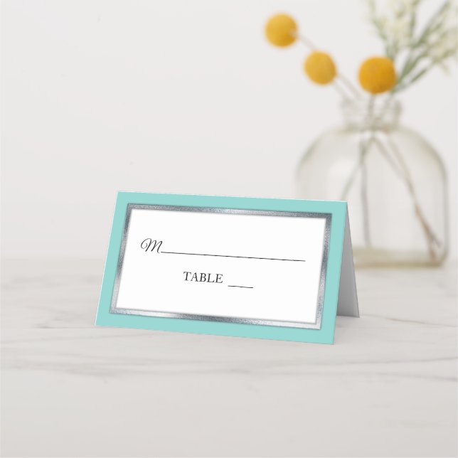 Aqua | Silver | White Simple Elegant Place Cards (Front)