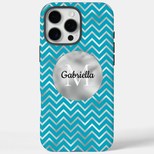 Aqua Silver Zigzag Stripes Monogram Case-Mate iPhone Case (Back)