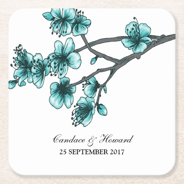 Aqua Simple Cherry Blossoms Paper Coasters (Front)