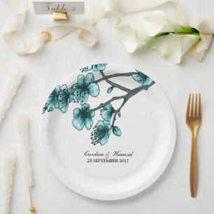 Aqua Simple Cherry Blossoms Paper Plates