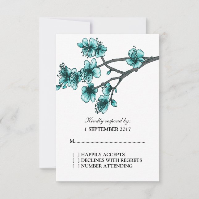 Aqua Simple Cherry Blossoms RSVP Card (Front)