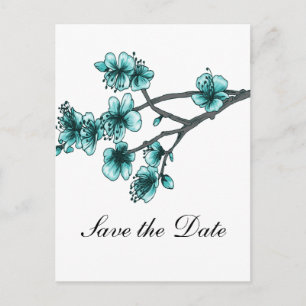 Aqua Simple Cherry Blossoms Save the Date Announcement Postcard