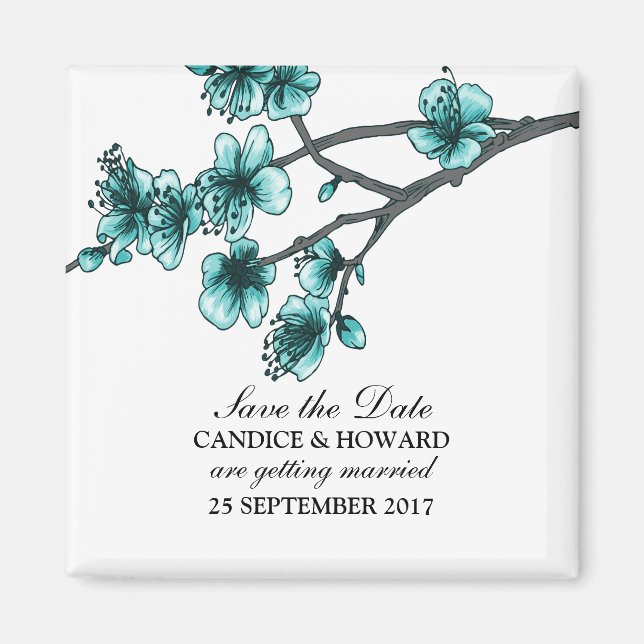 Aqua Simple Cherry Blossoms Save the Date Magnet (Front)