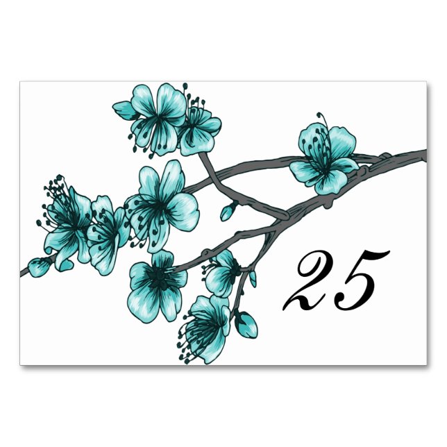 Aqua Simple Cherry Blossoms Table Card (Front)