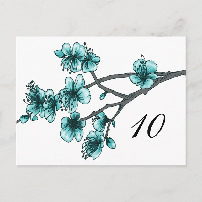 Aqua Simple Cherry Blossoms Table Number (Front)