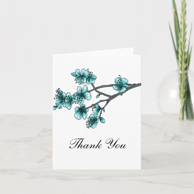 Aqua Simple Cherry Blossoms Thank You Card (Front)