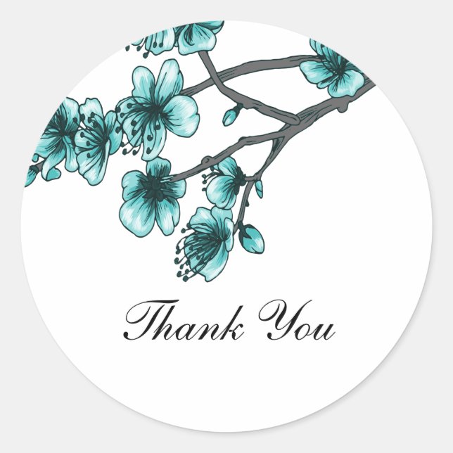 Aqua Simple Cherry Blossoms Thank You Stickers (Front)